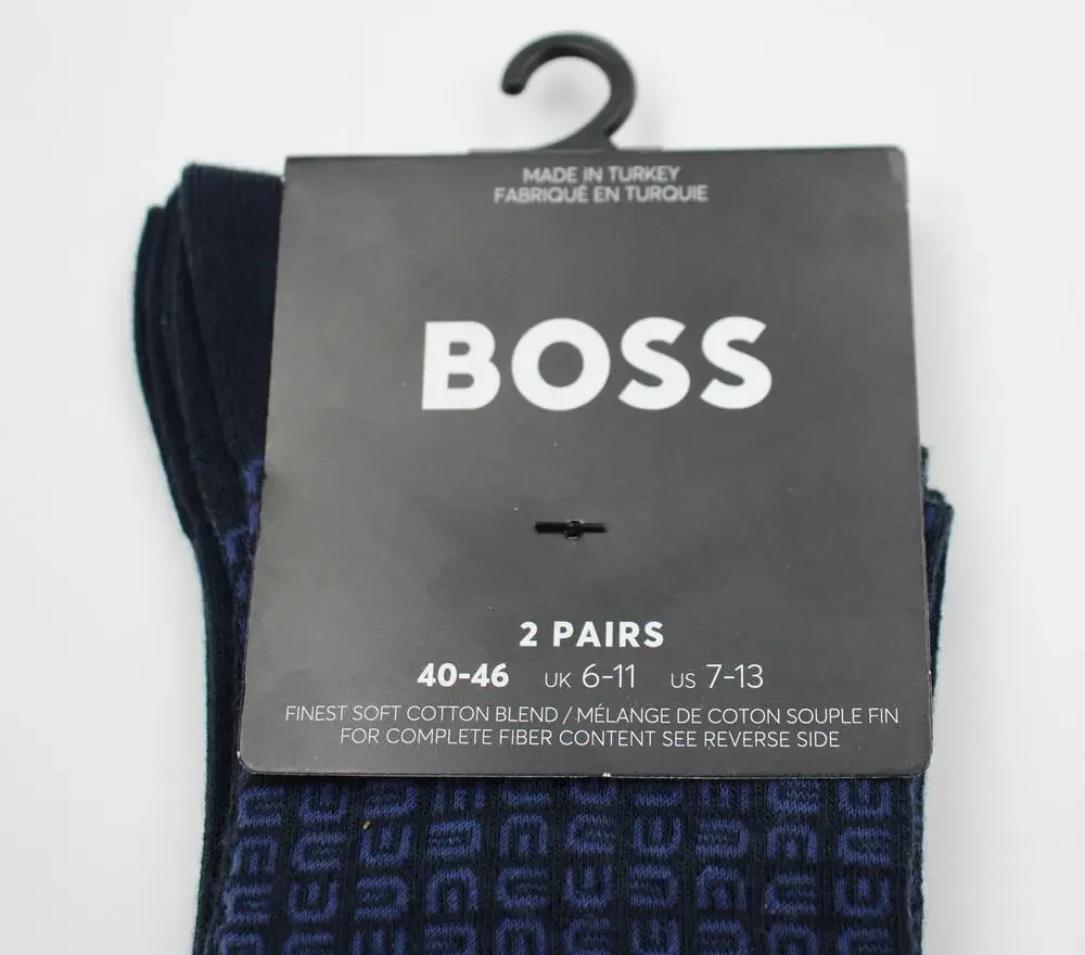 Boss Socks Mens 7-13 Blue Solid & Geometric Dress 2 Pack Mid Calf Cotton Blend